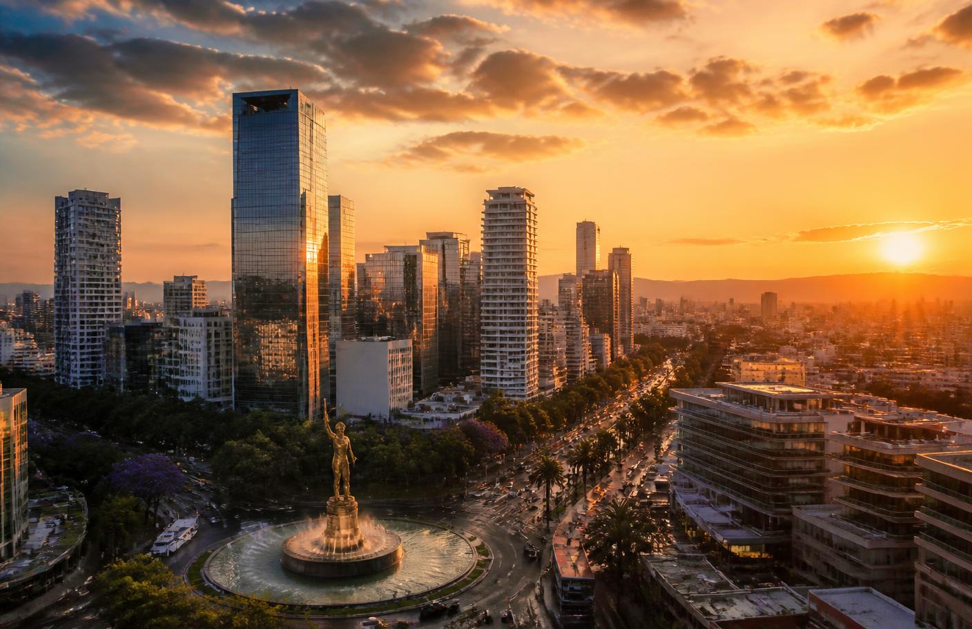 Guadalajara skyline glowing at sunset with mountains in the distance